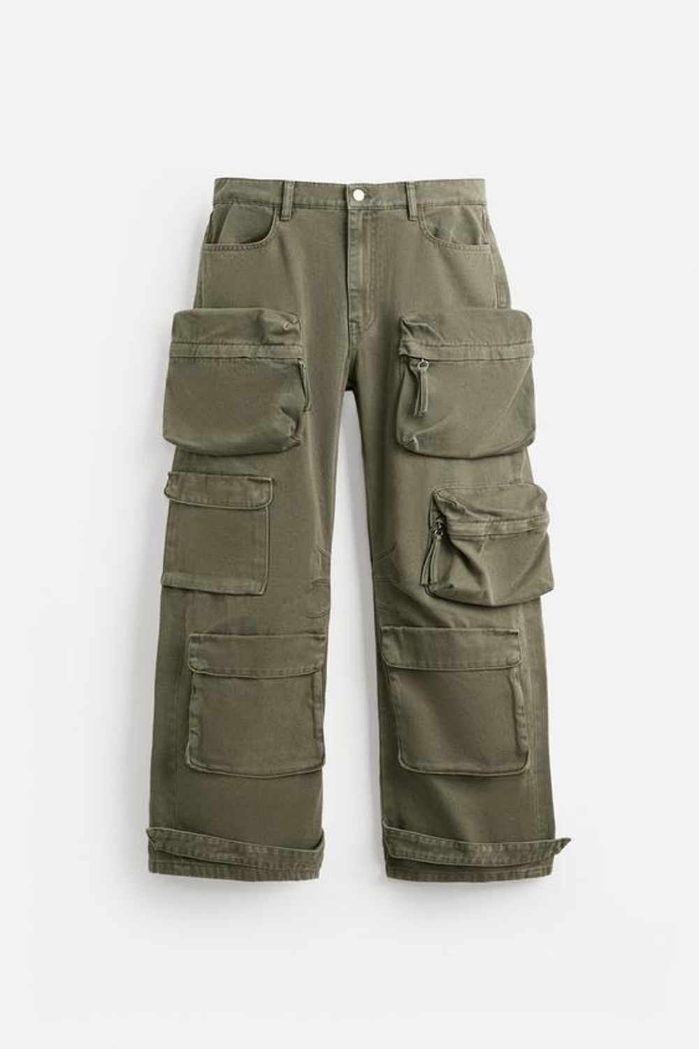 ZARA ДЖИНСОВЫЕ БРЮКИ КАРГО С КАРМАНАМИ, ЗЕЛЕНЫЙ