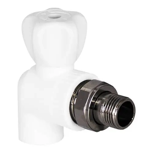 Кран шаровый РР д/рад. 20*1/2" угловой белый (Tebo)