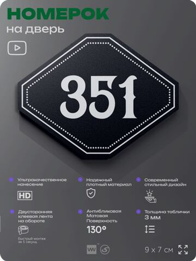 Номерок на дверь квартиры 351, для кабинета, офиса, шильдик 9 х 7 см, черный, Айдентика Технолоджи