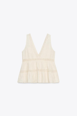 ZARA ТОП В СТИЛЕ РУСТИК С КРУЖЕВОМ, ЭКРЮ