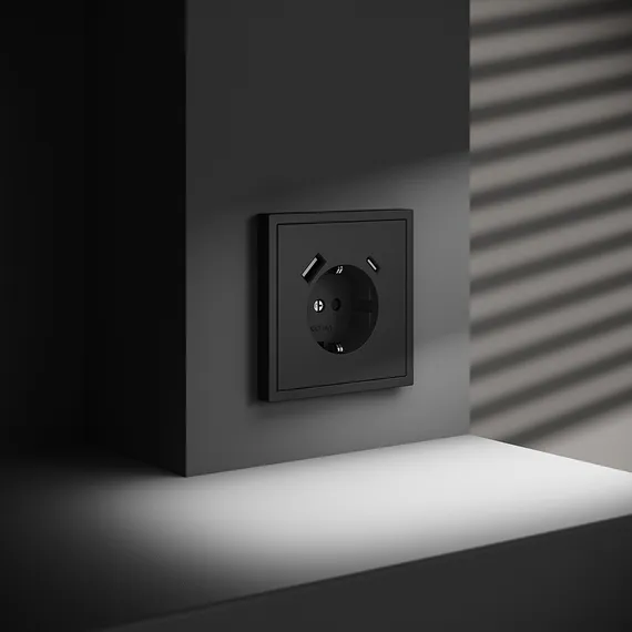 Розетка встраиваемая VOLTUM S70 с заземлением и защитными шторками, 16А, с USB, A+С, (черный матовый vls040508