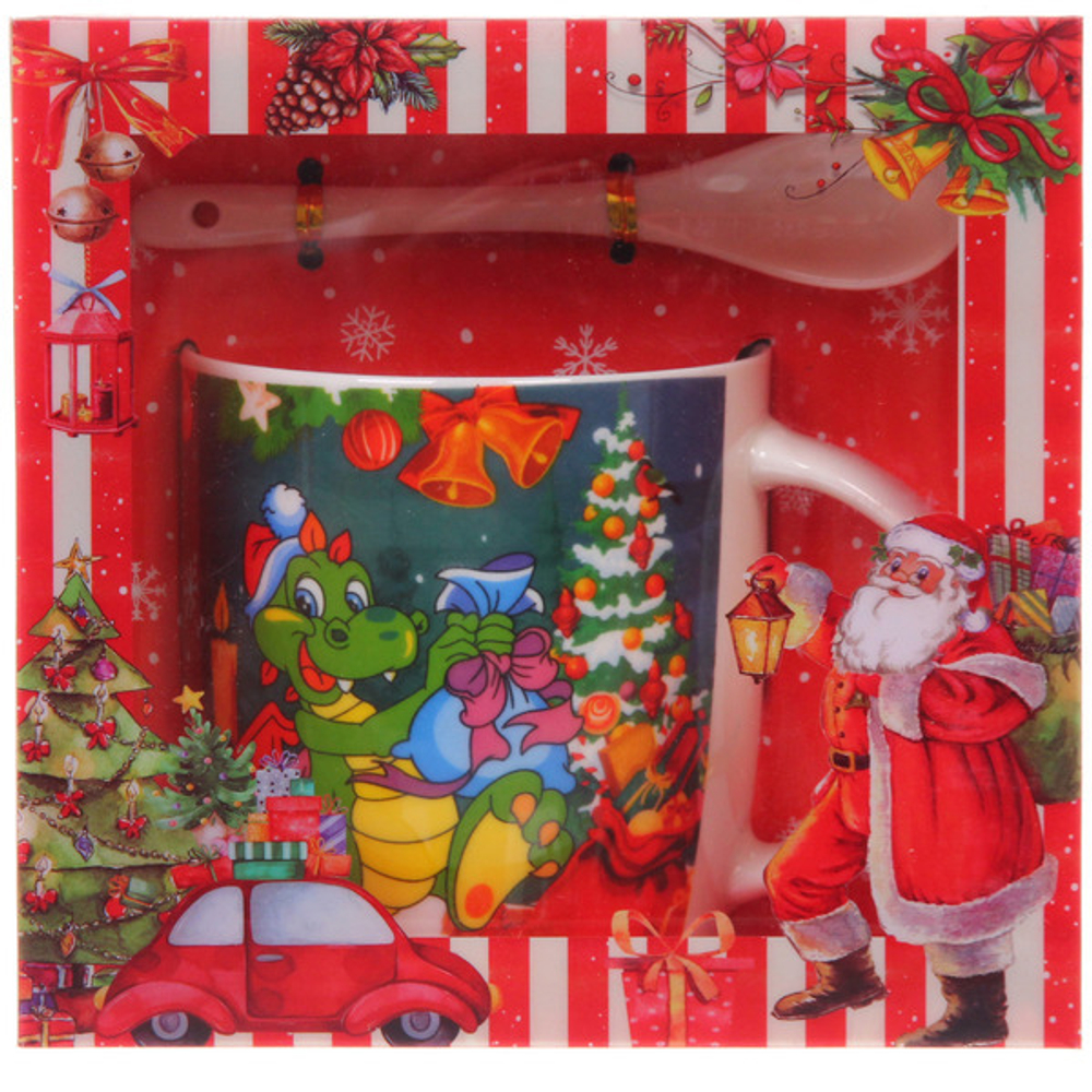 Кружка керамическая 370мл «Веселый Дракоша» с ложкой в подарочной коробке