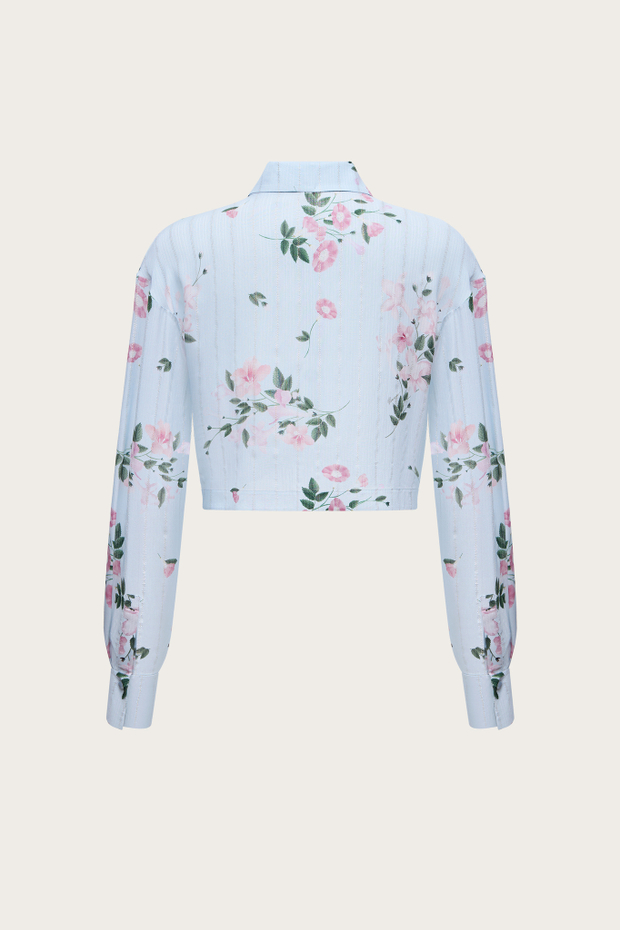 Блуза из голубой вискозы с авторским принтом и люрексной нитью