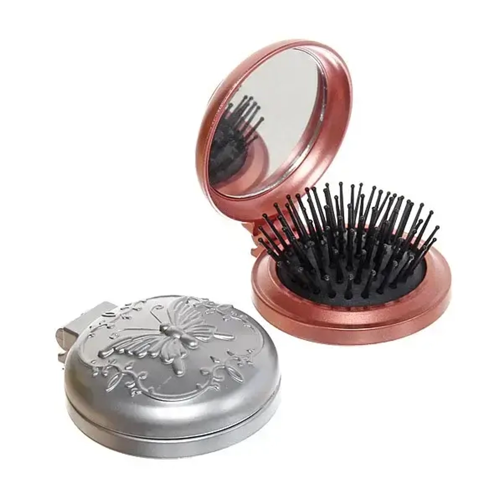 Расческа массажная складная с зеркалом, круглая, на крышке рисунок, d-6,5см●