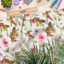 Ткань поплин нежные розовые цветы, шишки и омела