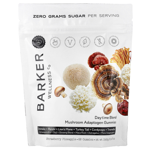 Barker Wellness Co, Daytime Blend, смесь грибов и адаптогенов в жевательных таблетках, со вкусом клубники и ананаса, 60 жевательных таблеток