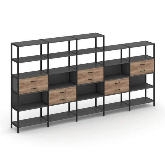 Shelf System Пятисекционный стеллаж пятиярусный с ящиками SN.STM-551 Антрацит/Дуб Табак/Металл Черны