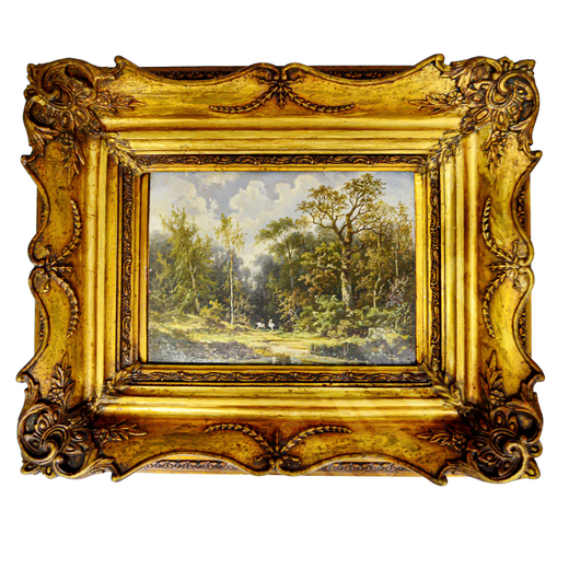 Н/х. Лесной пейзаж с аистами. Дерево, масло. Европа, сер. XIX в.