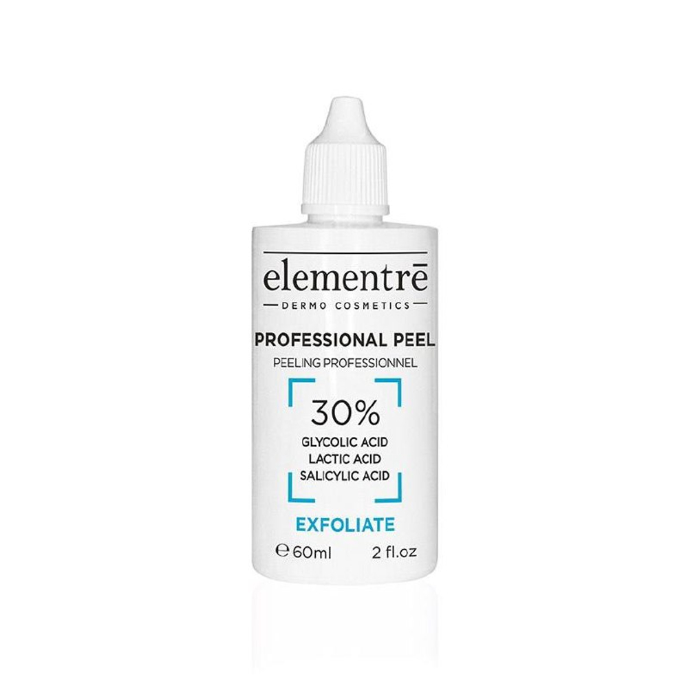 Профессиональный пилинг - 30% GLYCOLIC, LACTIC & SALICYLIC ACIDS PROFESSIONAL PEEL 60 ml от Elementrè Dermo Cosmetics, Швейцария, интенсивное обновление кожи, выравнивание рельефа и тона, уменьшение проявлений постакне и гиперкератоза, очищение пор и снижение жирного блеска, улучшение сияния и гладкости кожи