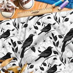 Ткань премиум атлас темные соловьи на белом