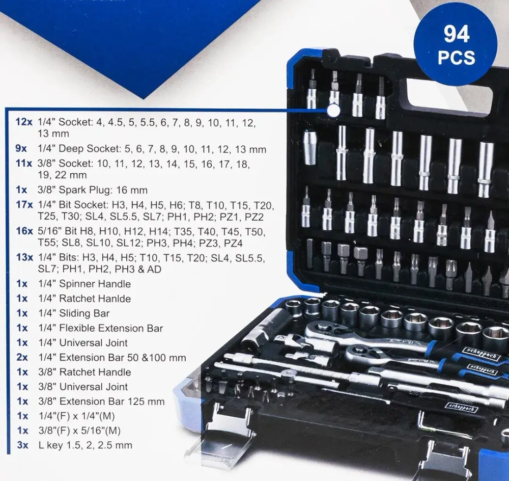 Набор инструментов 1/4'' 3/8'', 94пр. (6-гран) Scheppach Sch-4941-5DS