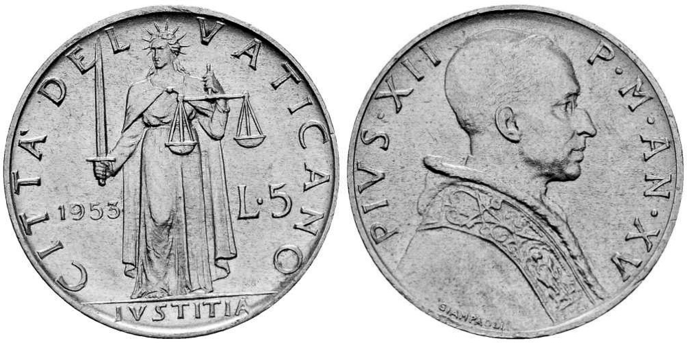 Ватикан 5 лир, 1951 - 1958 Папа Пий XII XF