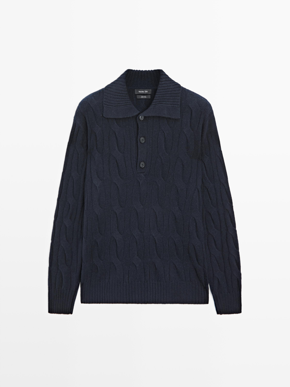 Massimo Dutti Вязаный шерстяной свитер с воротником-поло, темно-синий
