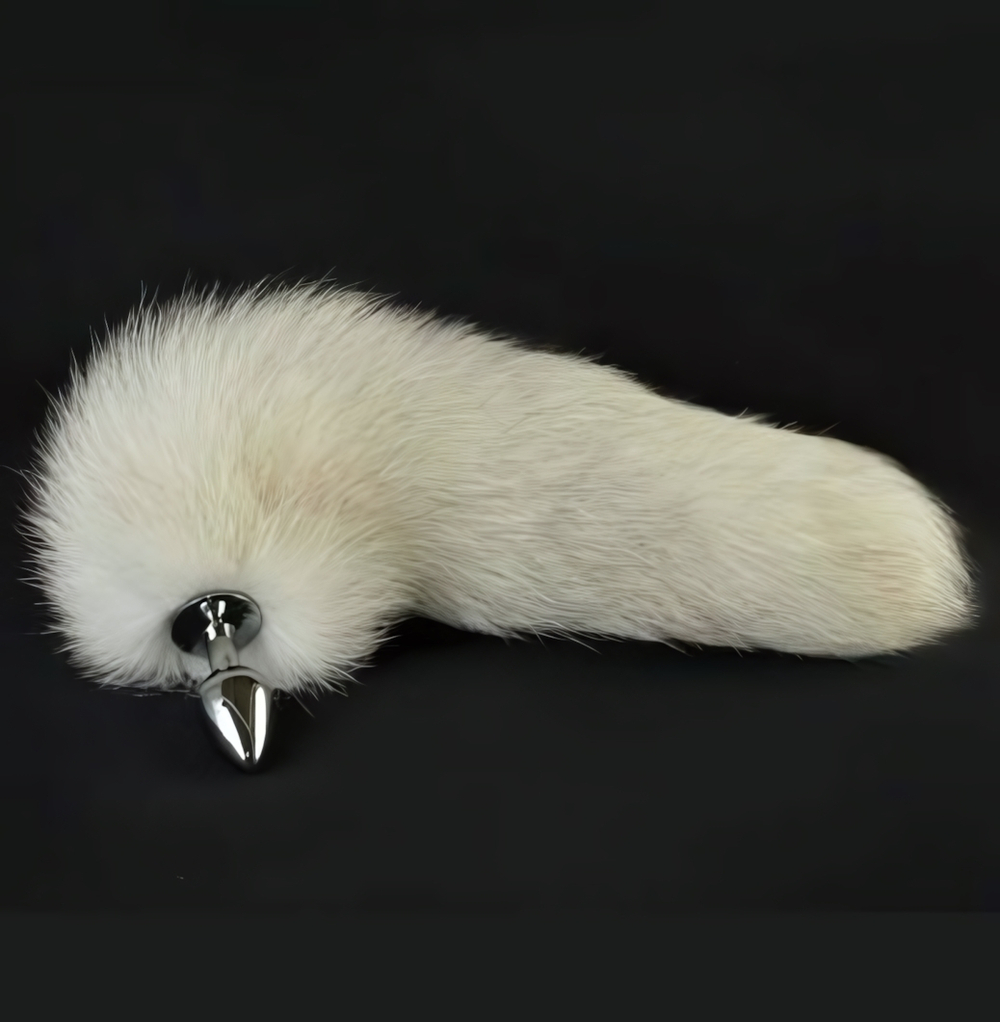 Анальная металлическая пробка с натуральным белым хвостиком (Цвет: серебристый)