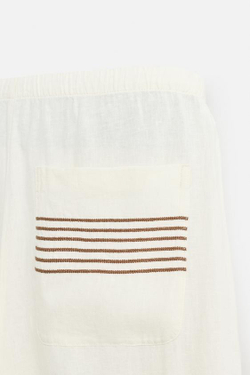 ZARA БРЮКИ ИЗ 100% ЛЬНА С ВЫШИВКОЙ, ЖЕЛТОВАТО-БЕЛЫЙ