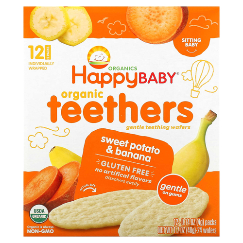 Happy Family Organics, Happy Baby, органические вафли для прорезывания зубов, батат и банан, 12 пакетиков по 4 г (0,14 унции)