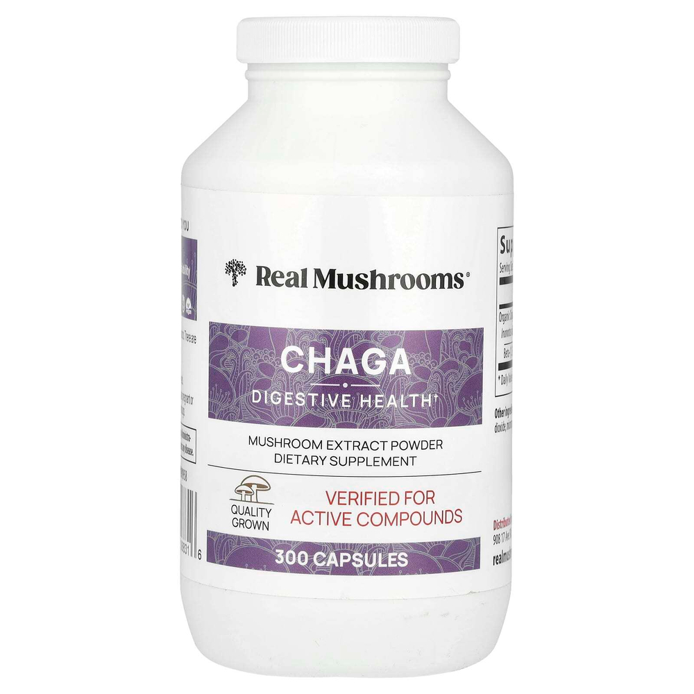 Real Mushrooms, Чага, экстракт грибов в порошке, 300 капсул