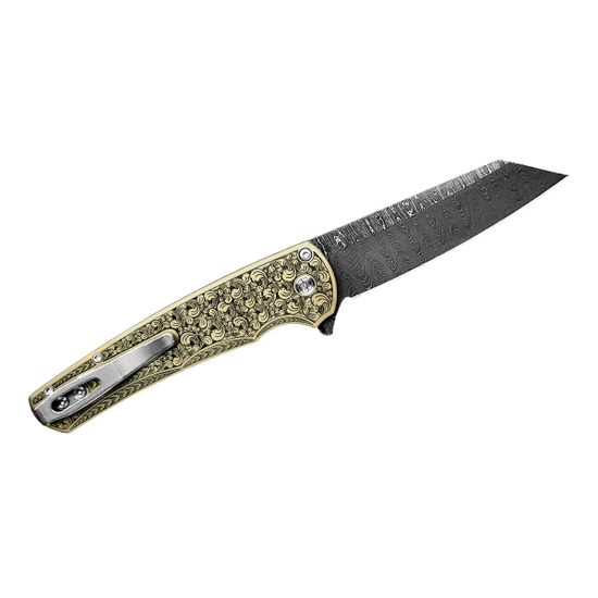 Складной нож Pro-Tech Malibu Bronze Anodize Titanuim Engraved - 2022 c клинком из стали Stainless Damascus, рукоять титан (С гравировкой Bruce Shaw)