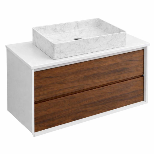Тумба под раковину COOL с 2 выдвижными ящиками 80х45х54 CL.080.WNOGAL белый/орех+Столешница накладная на тумбу для раковины-чаши FLAT 81x46 EP081.W белый+Раковина накладная прямоугольная 470x360x110 мм QTRO47 23583 мрамор белый