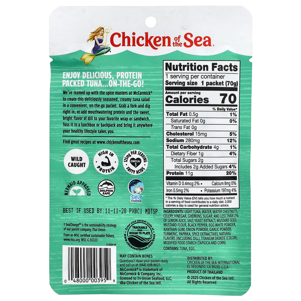 Chicken of the Sea, Дикий светлый тунец, салат из тунца с укропом, 70 г (2,5 унции)