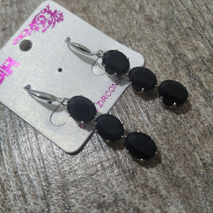 Серьги-петли Cubic Zirconia подвеска 3 овала цвет черный металл серебристый