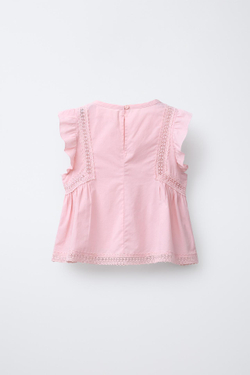 ZARA РУБАШКА С КРУЖЕВОМ И ВЫШИВКОЙ, ПАСТЕЛЬНО-РОЗОВЫЙ