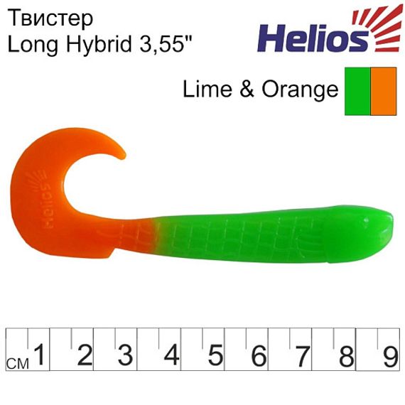 Твистер Helios Long Hybrid 3,55&quot;/9,0 см Lime &amp; Orange 7шт. (HS-15-020)