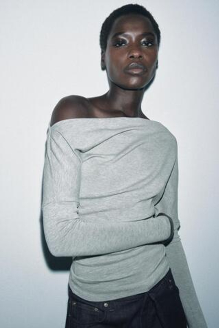 ZARA ТОП АСИММЕТРИЧНОГО КРОЯ ИЗ МЯГКОЙ ТКАНИ, СЕРЫЙ МЕЛАНЖ