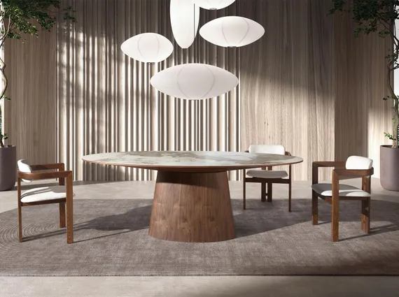 Овальный обеденный стол 1177 с мраморной керамикой и орехом