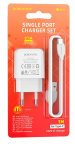 Сетевой адаптер питания BOROFONE BA64A 1USB 2.1A + кабель Type-C (белый)