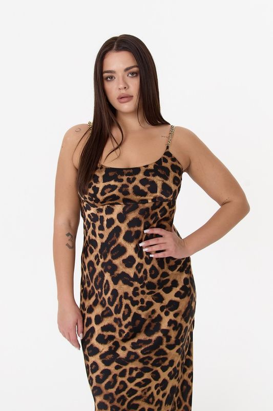 Платье-комбинация на тонких бретелях цепи, леопардовый принт