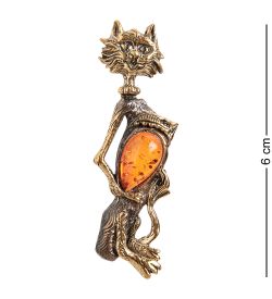 AM- 913 Брошь «Кошечка жеманная» (латунь, янтарь)