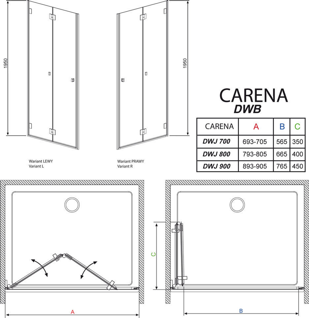 Душевая дверь  Radaway Carena DWB  70R  0x195 см. правая, крепится справа, профиль хром, стекло прозрачное 34582-01-01NR схема