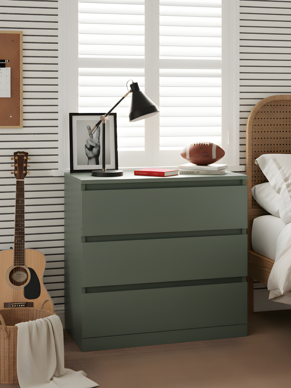Комод для одежды Марм 70х35х67 см с 3 ящиками без скосов с органайзерами в скандинавском стиле, зеленый самшит
