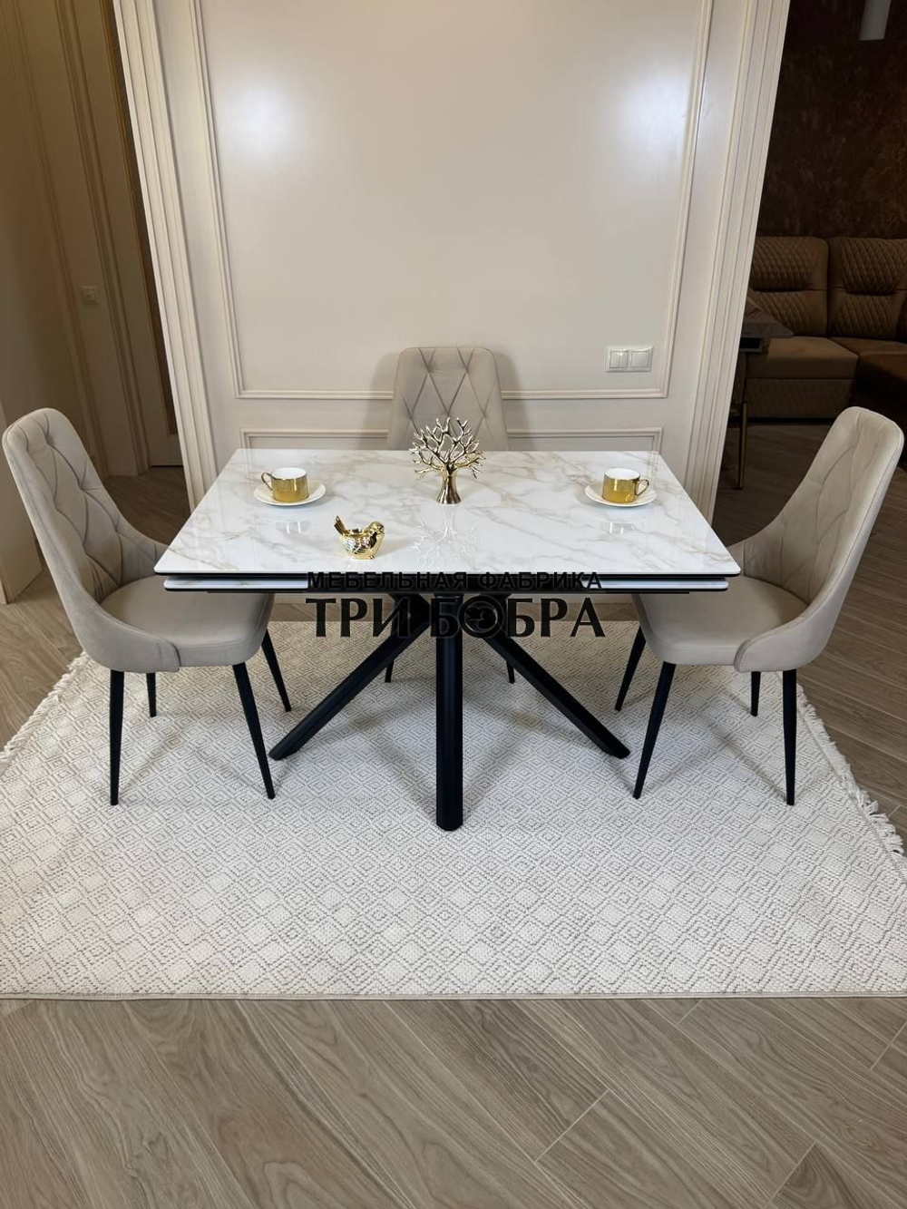Кухонный раскладной стол "Монако" из керамогранита, белый мрамор и 4 стула ЛОНДОН