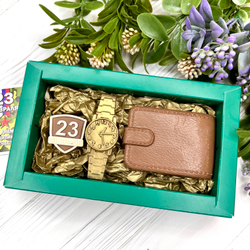 Шоколадный подарок "23 февраля. Портмоне. Часы"