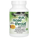 NaturesPlus, таблетки для рассасывания для взрослых для ушей, носа и горла, с пробиотиком K12, натуральный вкус вишни и ягод, 60 таблеток для рассасывания