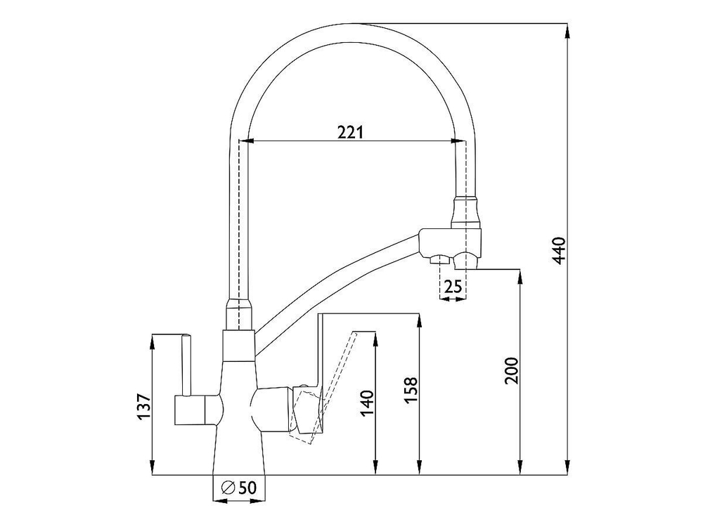 Смеситель для кухни 440/221 2Р Черный сатин Латунь