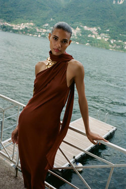 ZARA ПЛАТЬЕ МИДИ АСИММЕТРИЧНОГО КРОЯ С ШАРФОМ, КОРИЧНЕВЫЙ