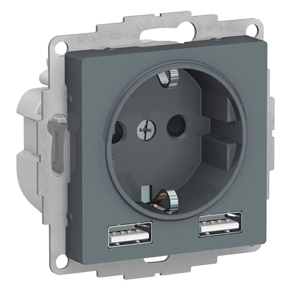 ATLASDESIGN РОЗЕТКА 16А c 2 USB A+A, 5В/2,4А, 2х5В/1,2А, механизм, ГРИФЕЛЬ