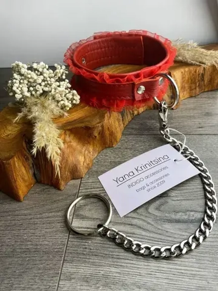 Ошейник Indigo нат. кожа, рюши, красный