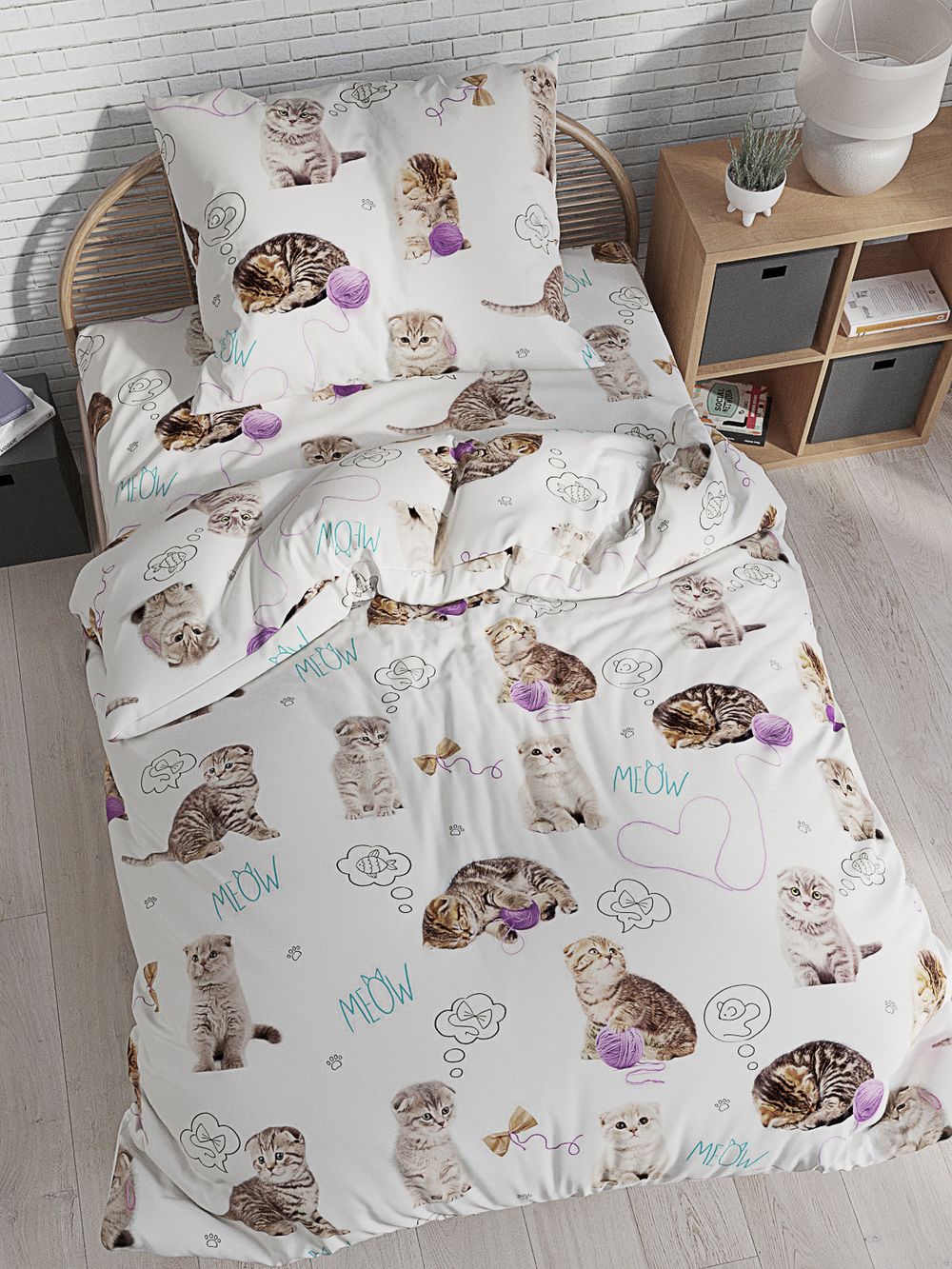 Простынь на резинке перкаль Сказка "Пушистики" 90x200 см