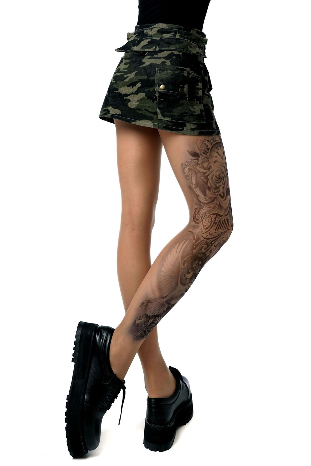 Женские +size колготки с имитацией татуировки на левой ножке (Размер: XL-XXL) (Цвет: бежевый)