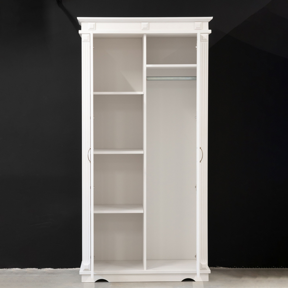 Шкаф для одежды распашной белый Харви двухдверный деревянный со штангой и полками, шкаф для вещей в прихожую и спальню с филенкой в викторианском стиле из массива сосны