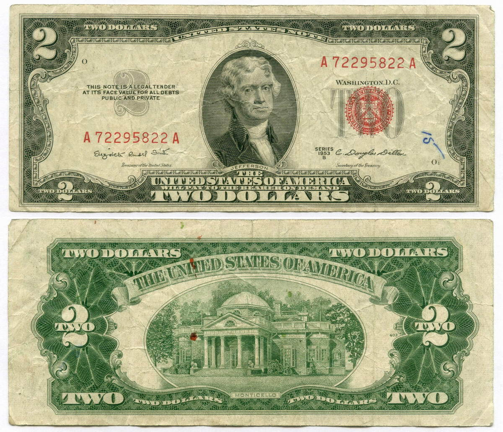 Банкнота США 2 доллара 1953B A 72295822 A. VG (надпись)
