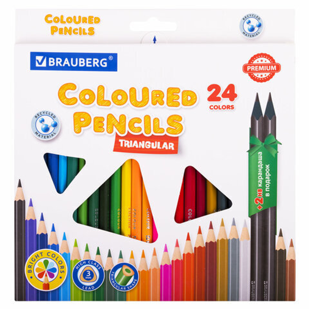 Карандаши цветные BRAUBERG PREMIUM 24 цвета + 2 чернографитных карандаша, трехгранные, грифель 3 мм.
