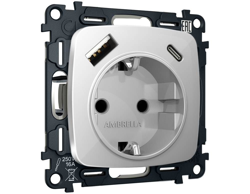 MO410010 Комплект механизма электрической розетки OMEGA Серебро глянец 2USB A+C 20W (быстрая зарядка) с/з QUANT (OP4100, VM160)