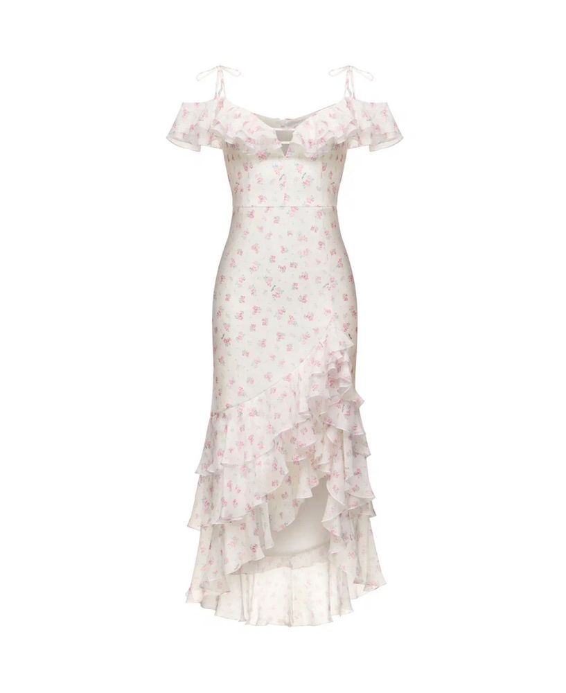 Моника (Monika), платье миди из шифона молочный мелкие малиновые цветы