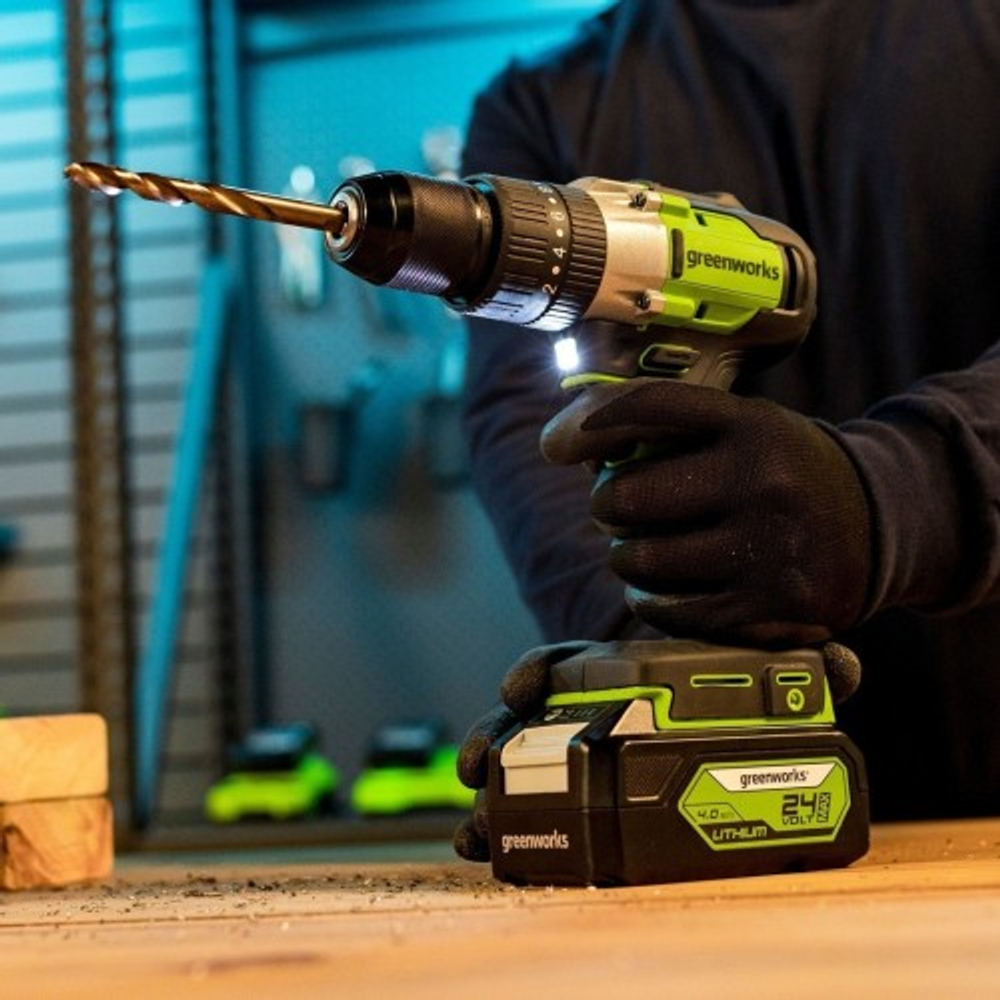 Дрель-шуруповерт аккумуляторная GREENWORKS GD24DD60 ударная, 24V, АКБ 4Ач и ЗУ 3704107CUB