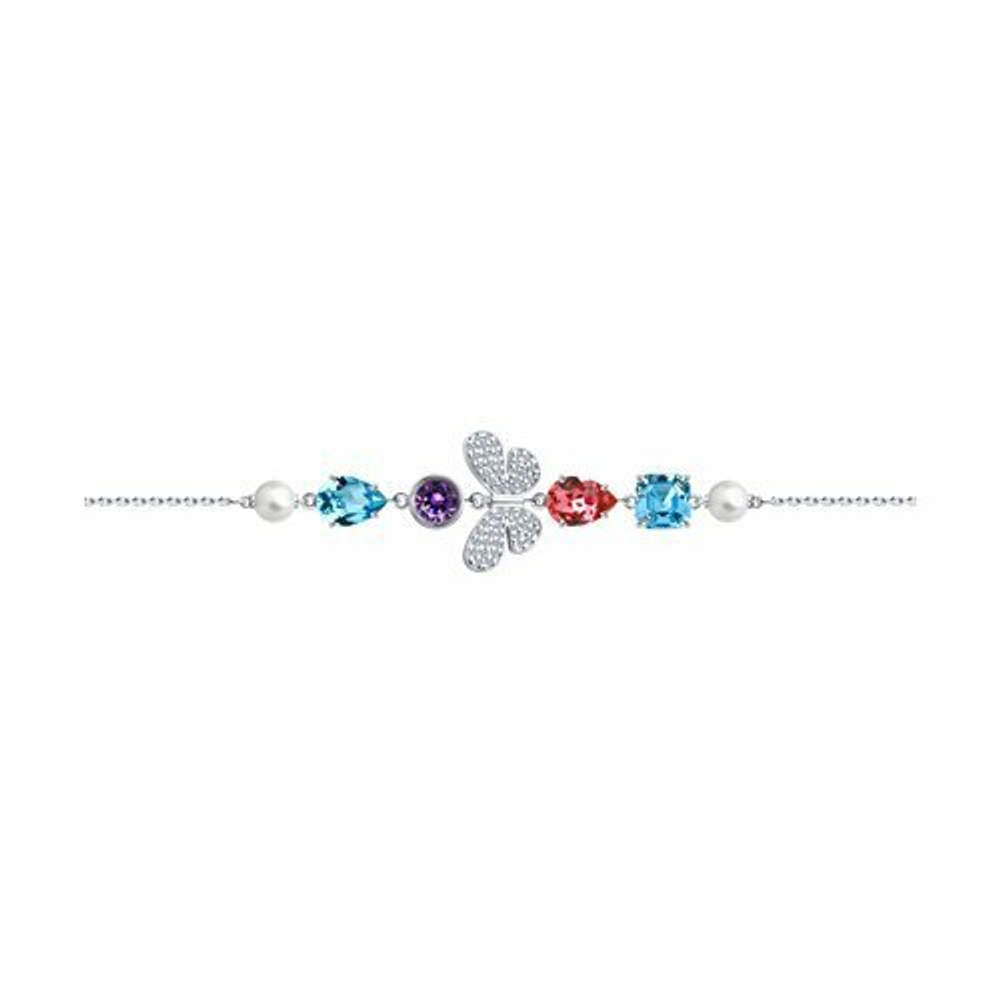 Браслет из серебра с жемчугом Swarovski, кристаллами Swarovski и фианитами
